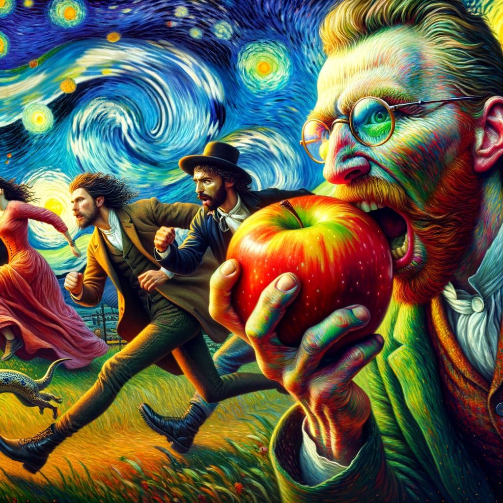 Tech Innovator Chased by Historical Figures in Vibrant, Hype...