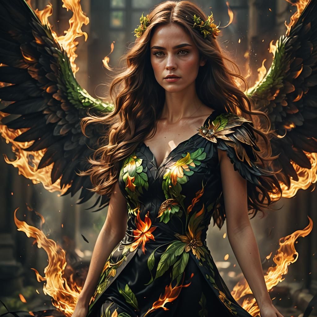 Winged Woman in Fiery Halo: Hyper-Realistic Portrait