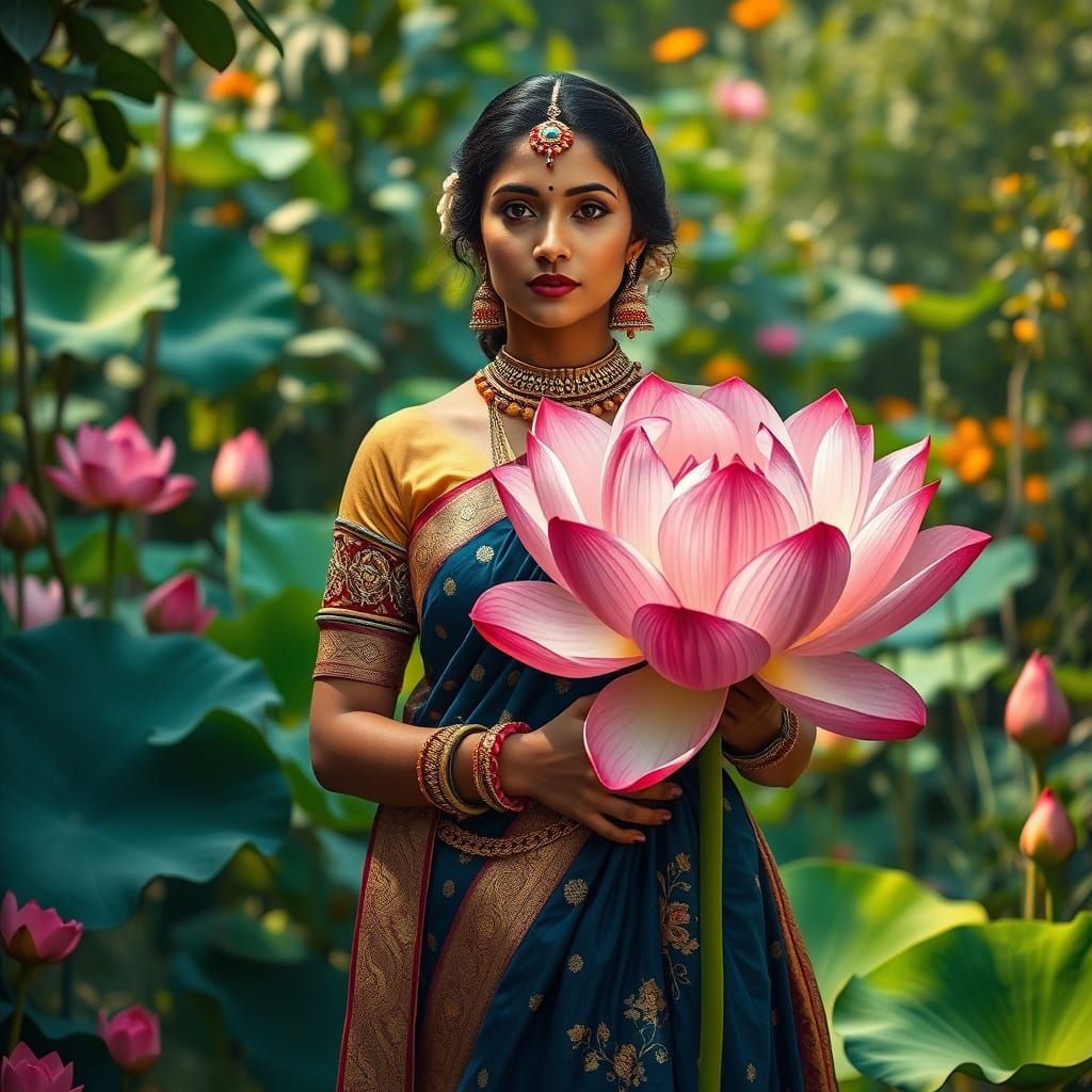 Indian Woman with Lotus Flower in Garden
