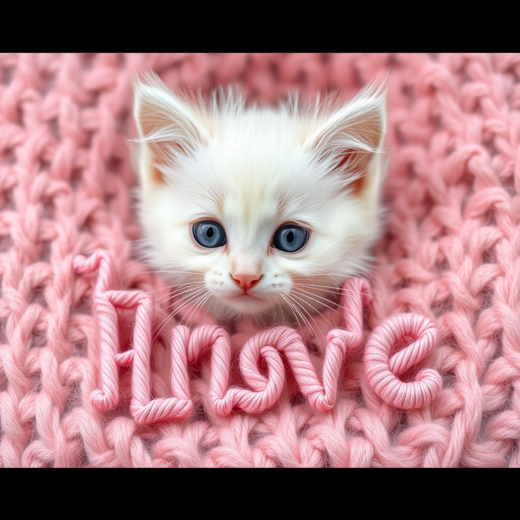 Adorable Kitten Plays with Delicate Pink Yarn on Soft Pink W...