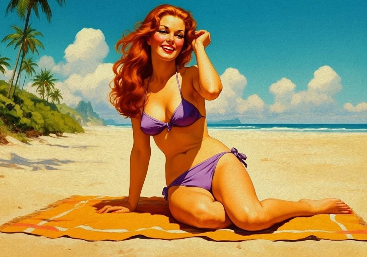 Retro Beach Beauty in Impressionistic Oil Painting Style