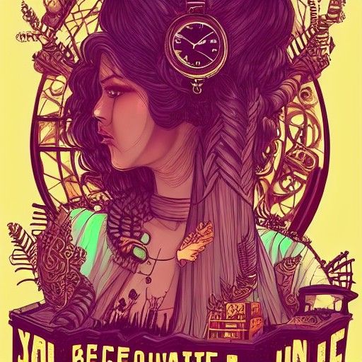 Steampunk Synthwave Storybook Illustration of Beautiful Woma...
