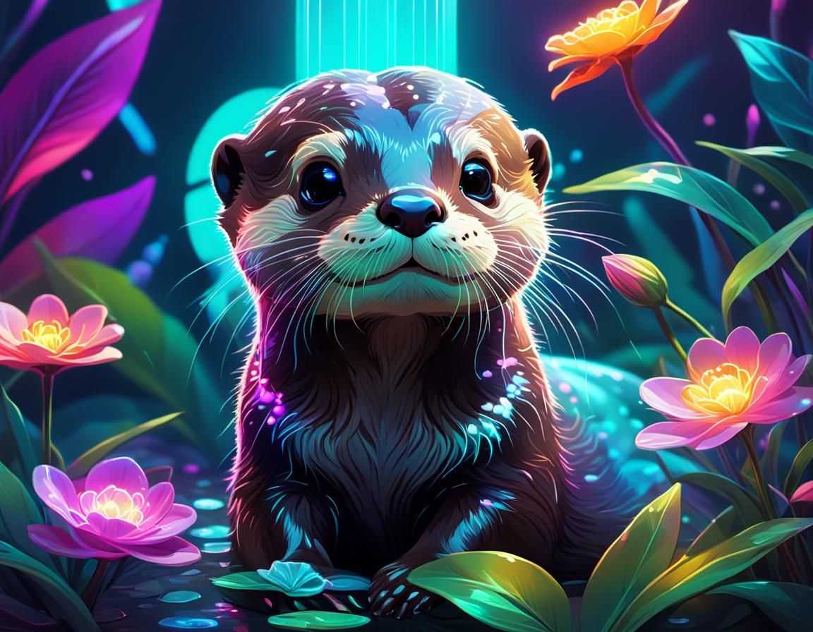 Baby Otter in Neon Garden: Epic Futurism
