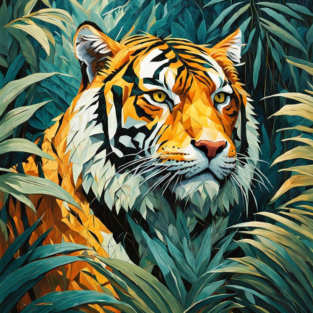 (Thick impasto oil painting textures by Justin Gaffrey:1.4), mid shot of an epic tiger camouflaged in the verdant jungle...