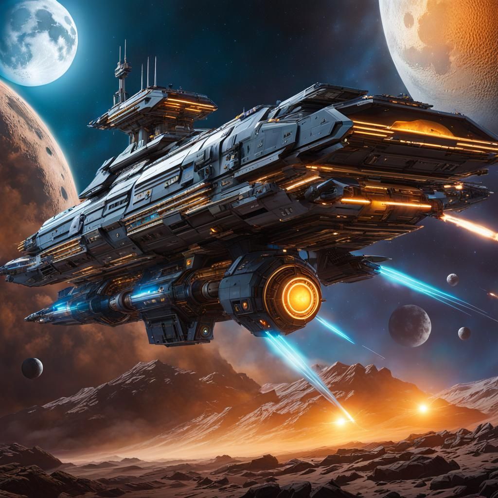 Hyperrealistic Starship Flying Past the Moon