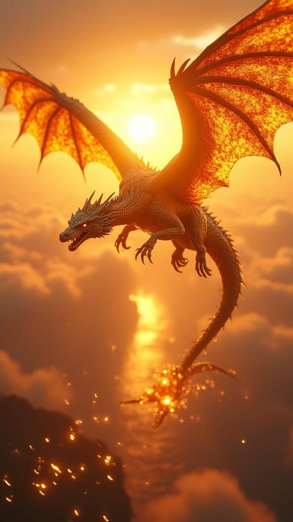 Golden Dragon Sunfyre Soars Through Blazing Skies