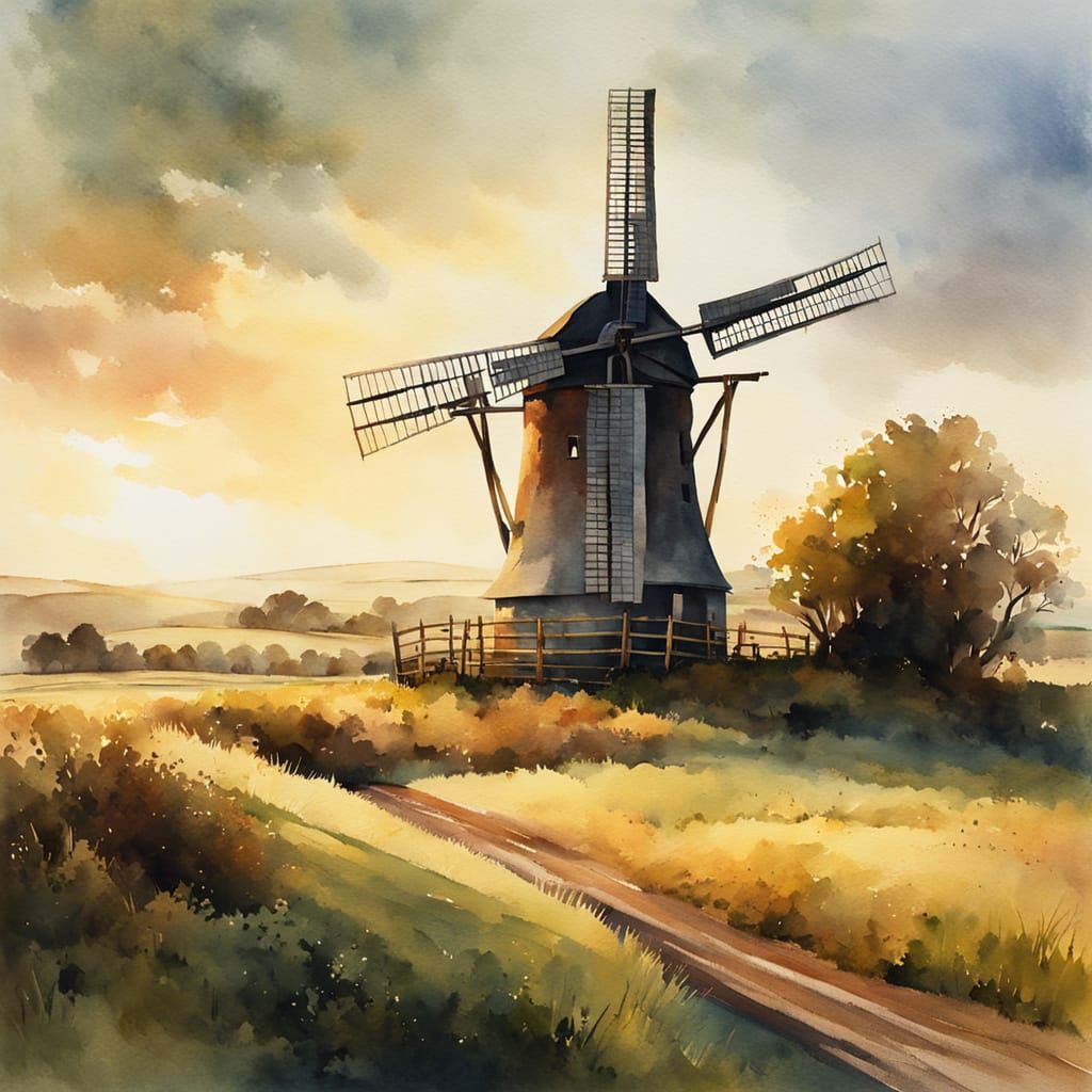 Rustic Countryside Windmill in Warm Golden Light