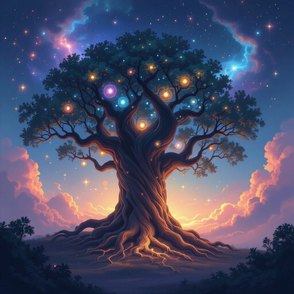 Ancient Tree Roots in Nebula with Celestial Orbs