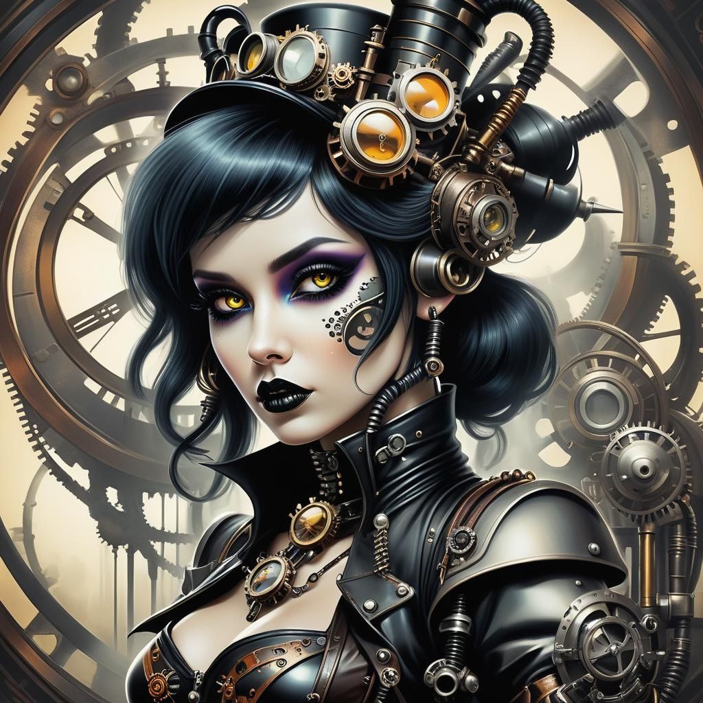 Steampunk Goth Girl in Retro-Futuristic Airbrush Art