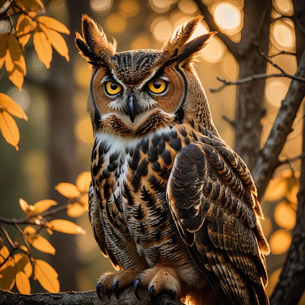 Majestic Great Horned Owl in Warm Golden Light