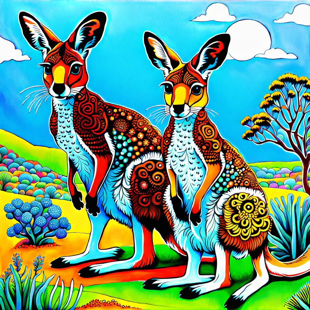 Kangaroos in Zentangle Style, Desert Landscape