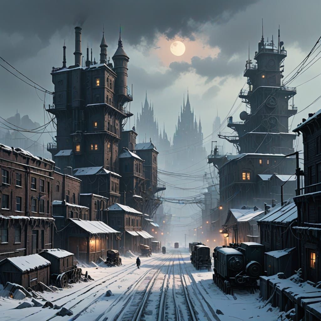 Frostpunk Cityscape in Steampunk Gothic Style