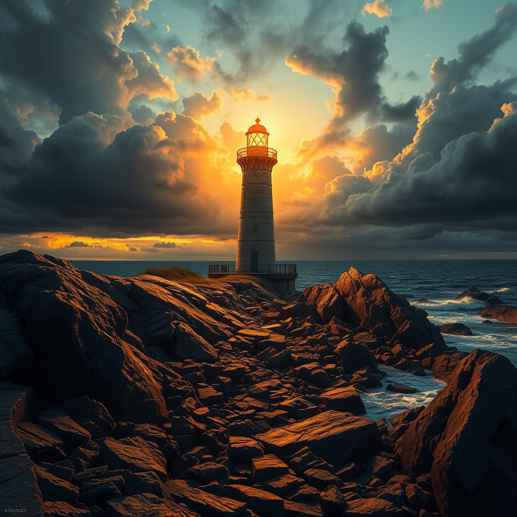 Golden Lighthouse Beacon at Stormy Dusk