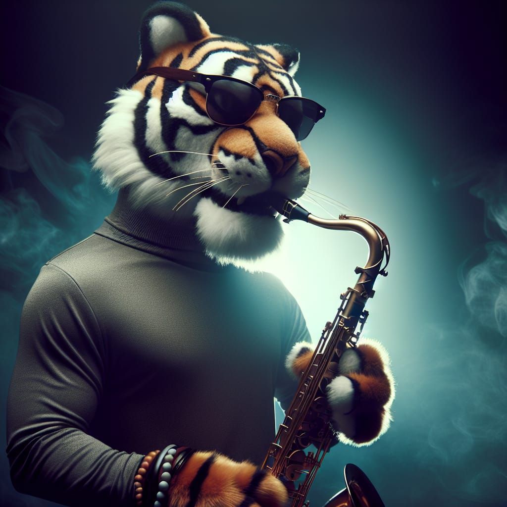 Cool Anthropomorphic Tiger Playing Saxophone in Nightclub