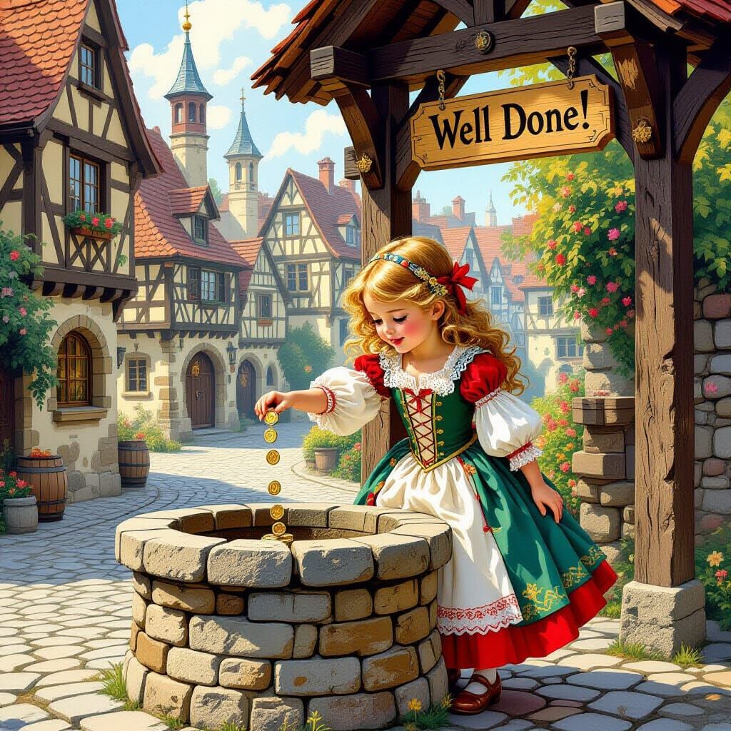 Girl Tossing Coin into Wishing Well Illustration