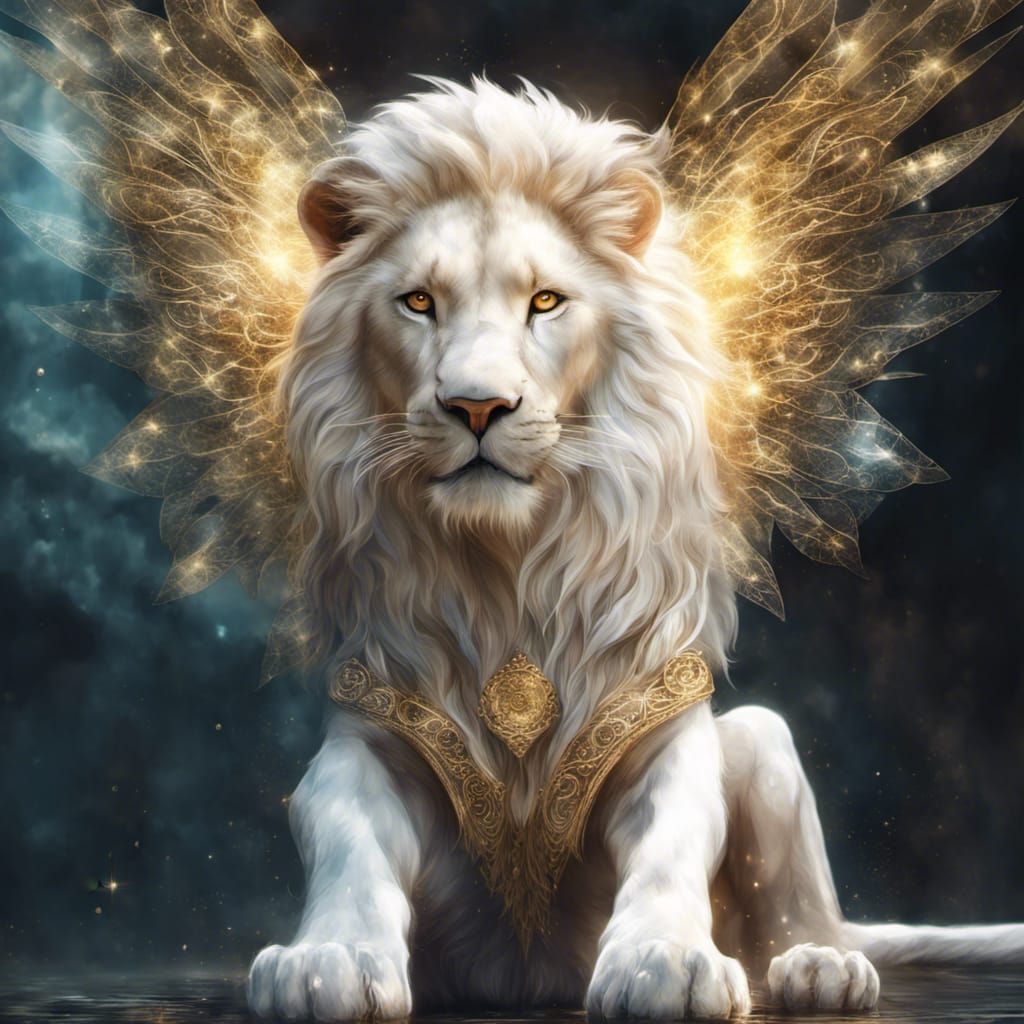 Angelic White Lion with Golden Wings