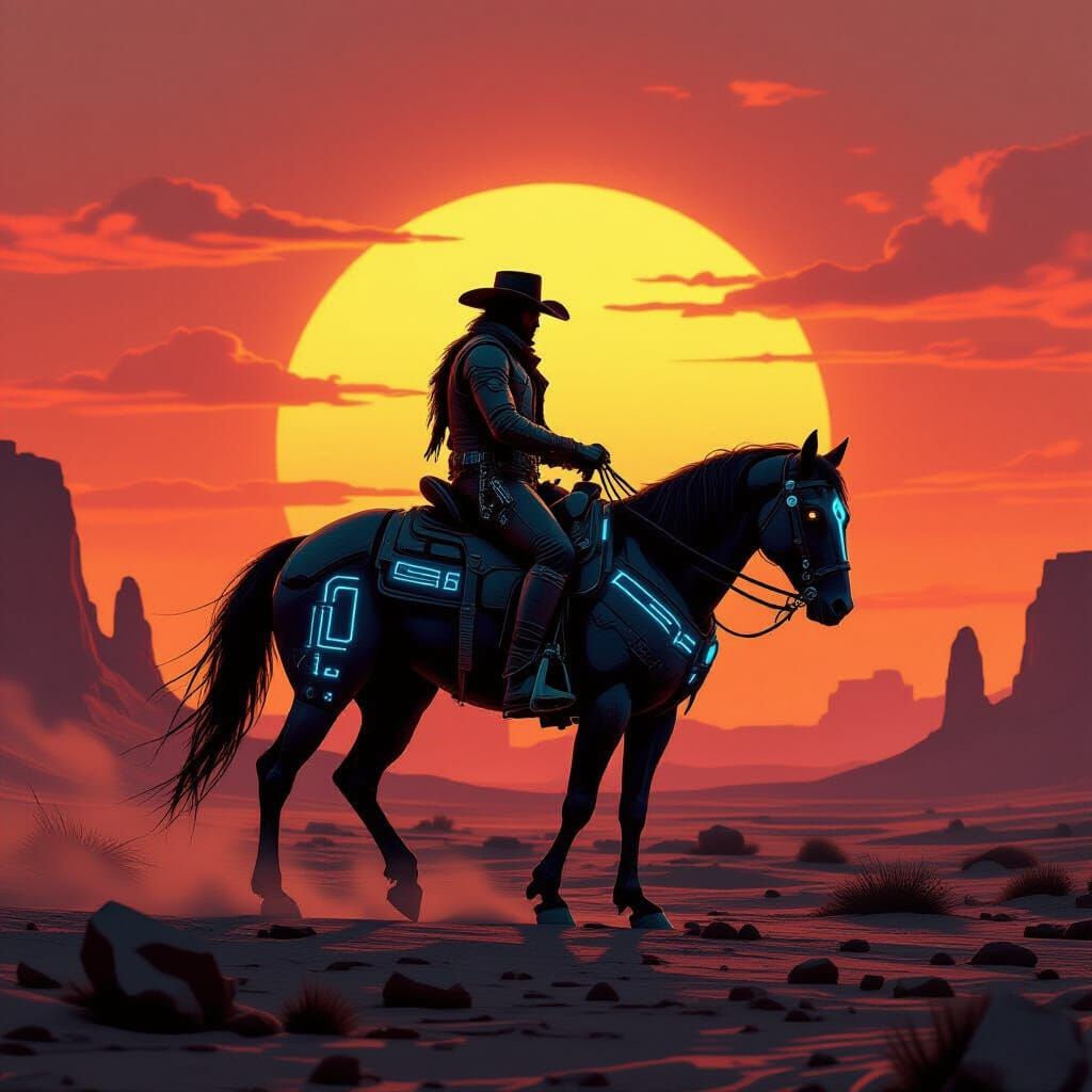 Cowboy Rides Cybernetic Horse on Alien Planet
