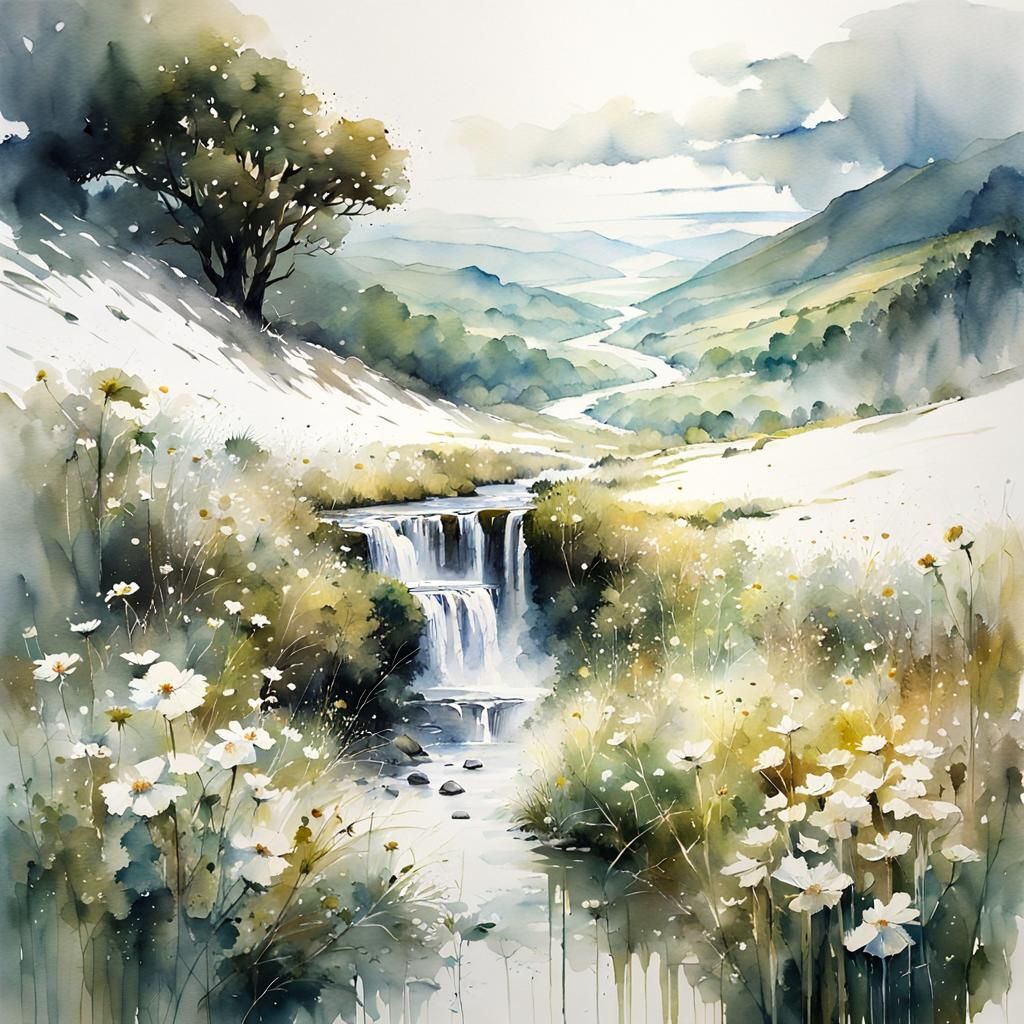 White Sky Over Summer Landscape in Watercolor