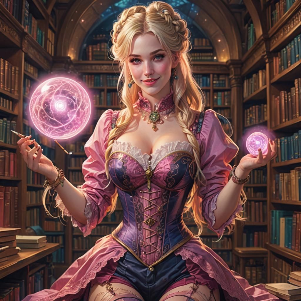 Wizard Portrait with Colorful Corset and Psychedelic Library