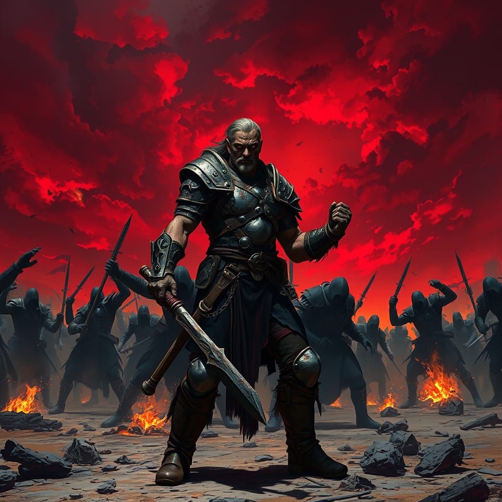 Battered Warrior Fights On Against Shadowy Foes