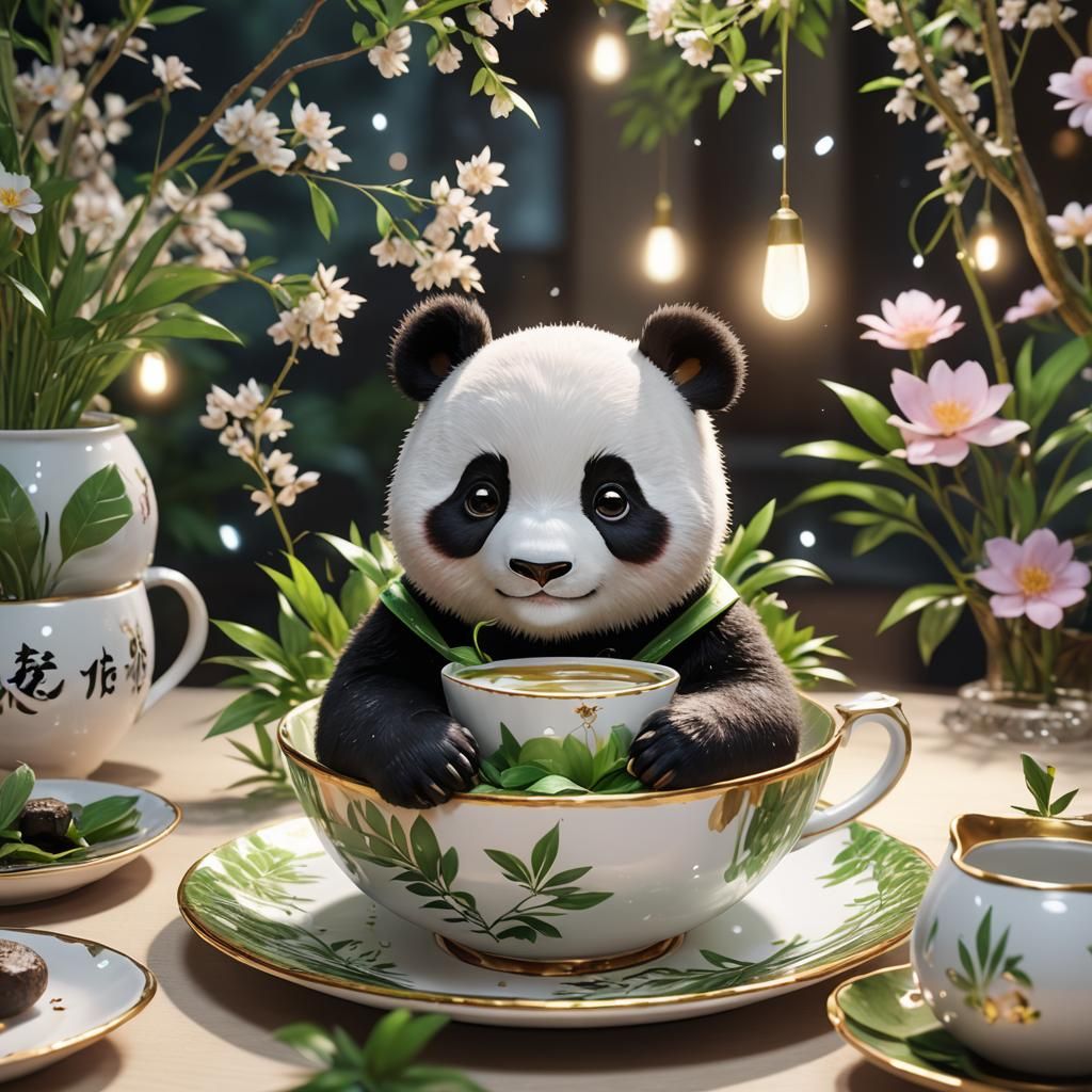 Cute Panda in Teacup: 3D Anime Art