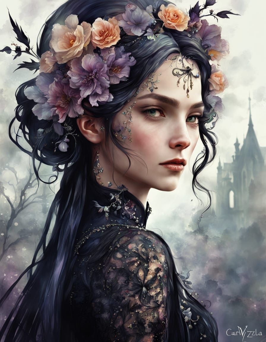 Gothic Fantasy Portrait of a Woman with Flowers