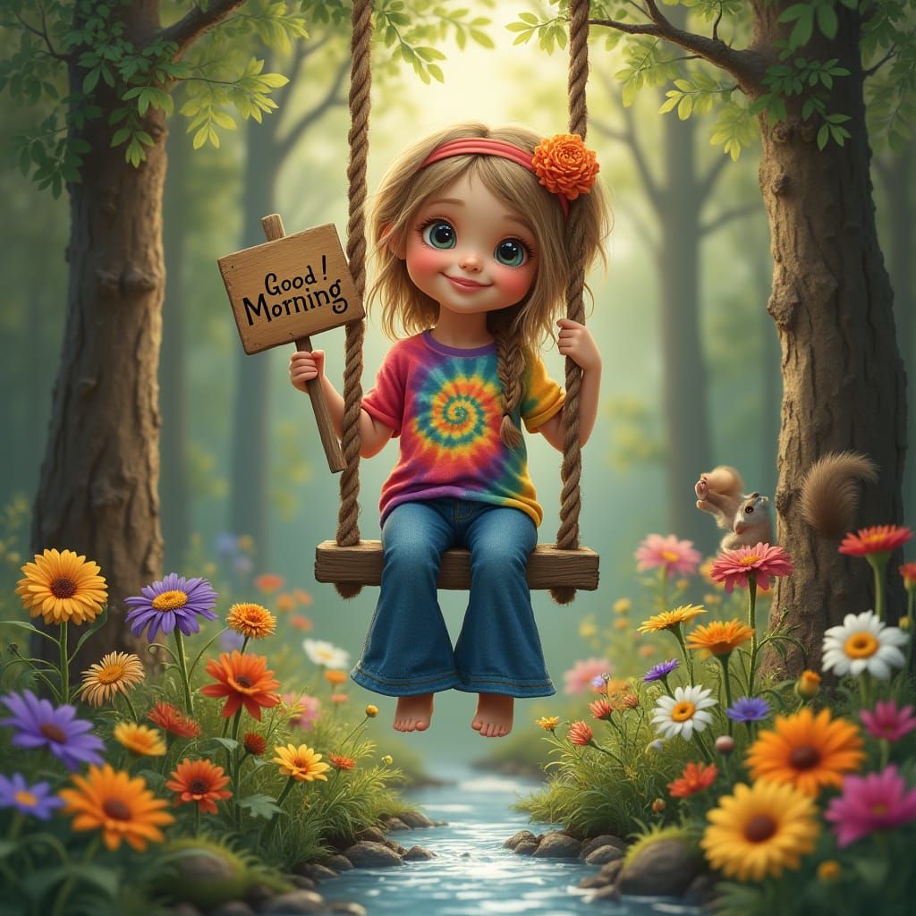 Hippie Girl on Swing in Forest with Flowers