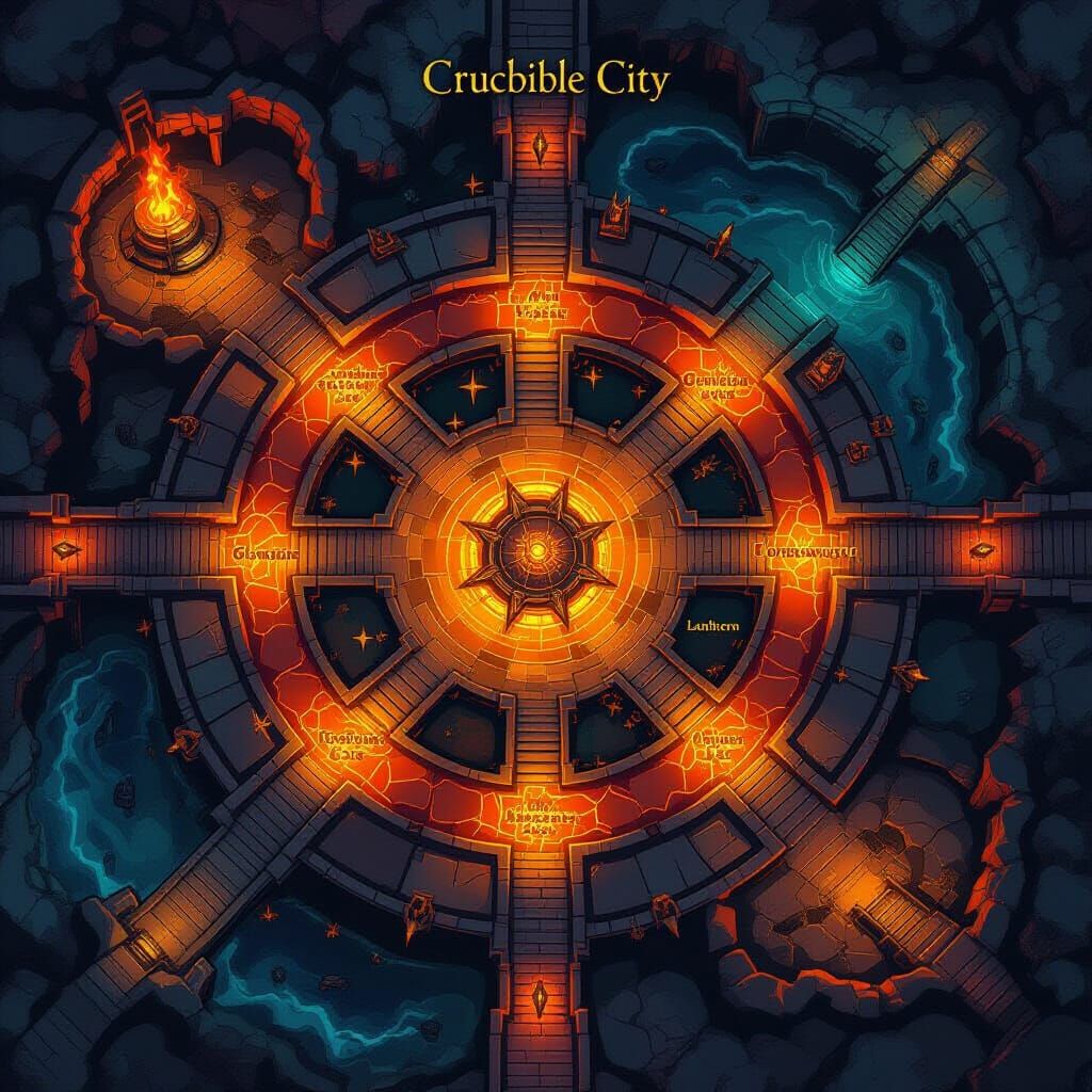 Detailed 2D Map of Crucible City in Tolkien Style