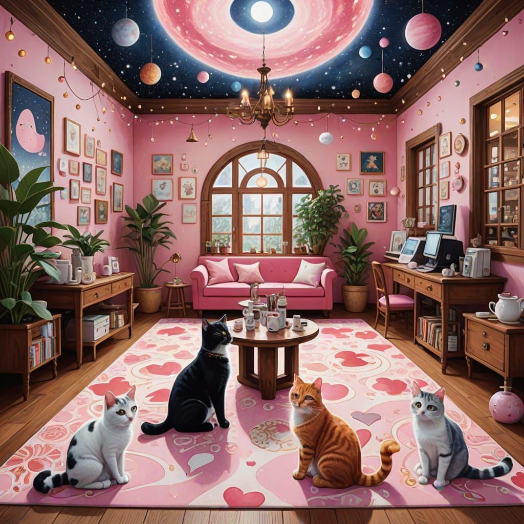 Charming Cat Cafe Interior in Astral Illustration Style