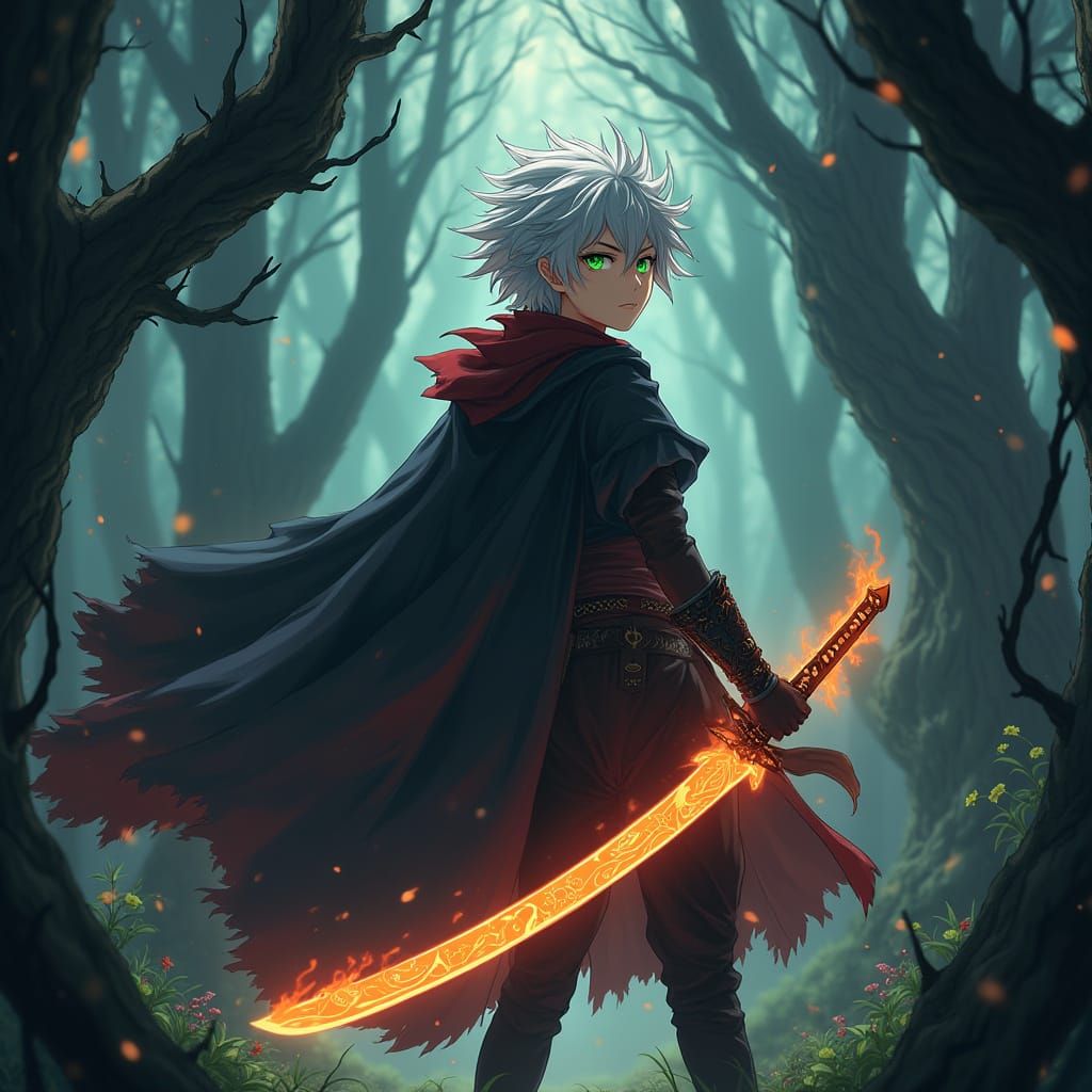 Heroic Anime Warrior Zephyr in Dark Jungle