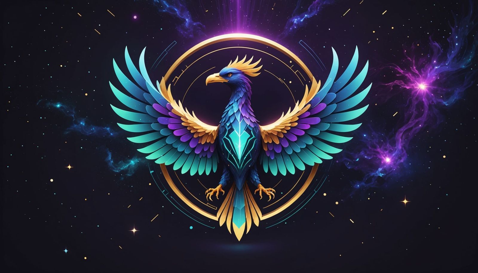 Geometric Phoenix Logo in Cosmic Purple with Glowing Circuit...