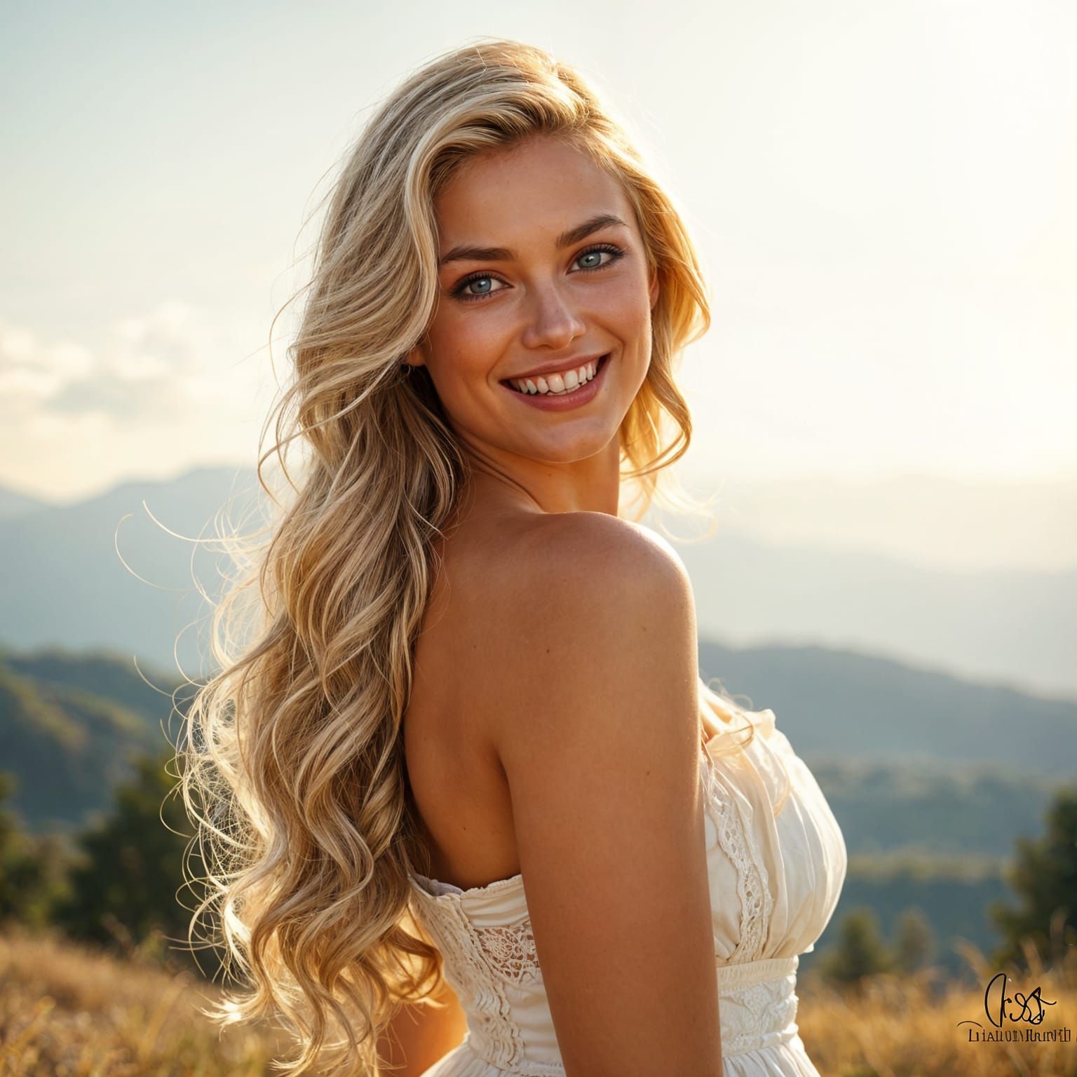 Smiling Blonde Woman with Blue Eyes Portrait