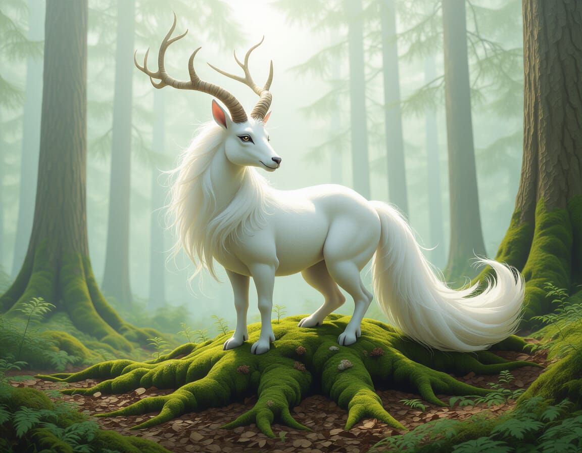 Surreal Elegant Creature with Roots and Moss