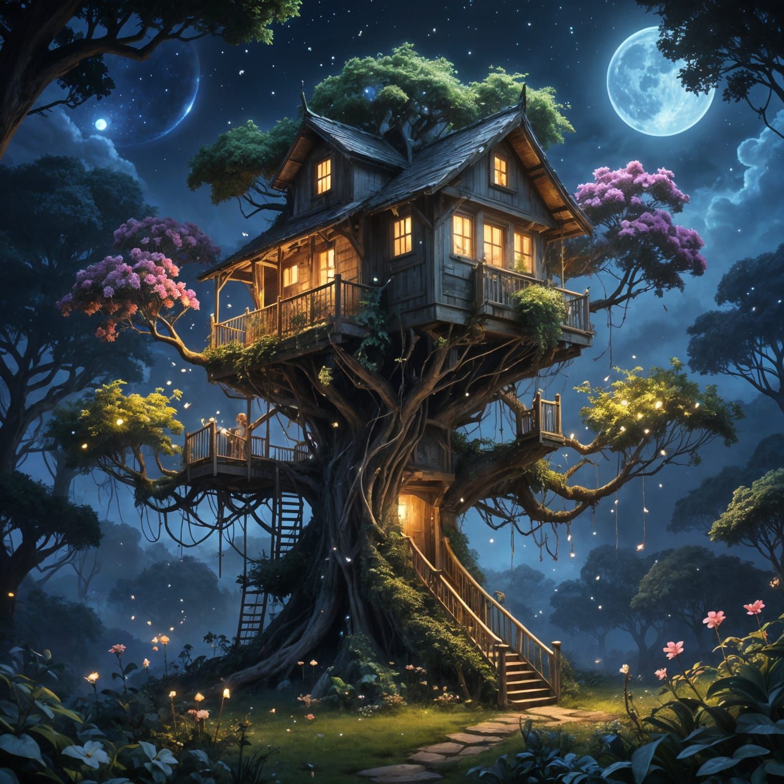 Overgrown Treehouse Under Starry Moonlight with Fireflies