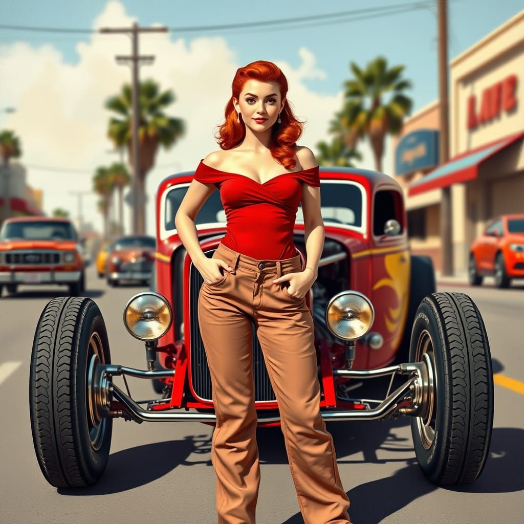 Vintage Pinup Girl in 50s Style Standing Beside a Sleek Rat ...