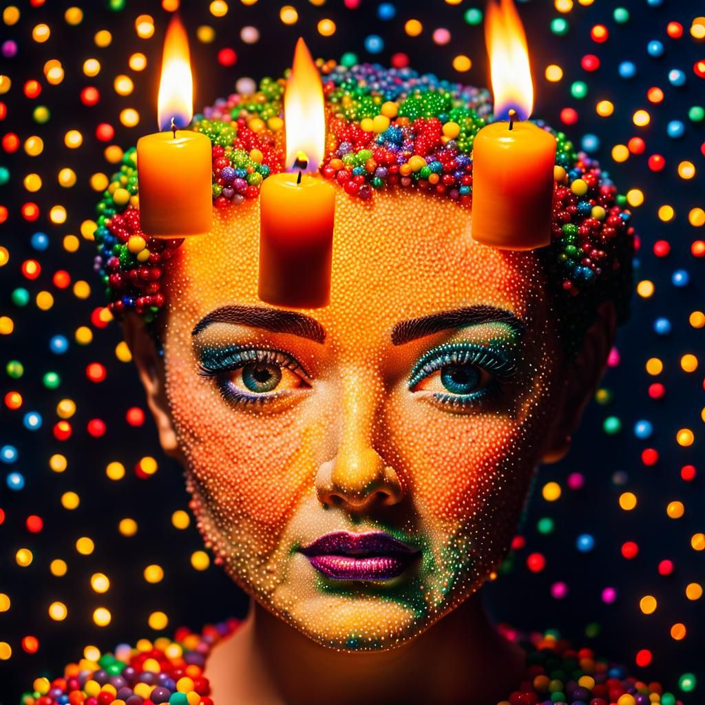 Pointillist Birthday Cake Head with Candles