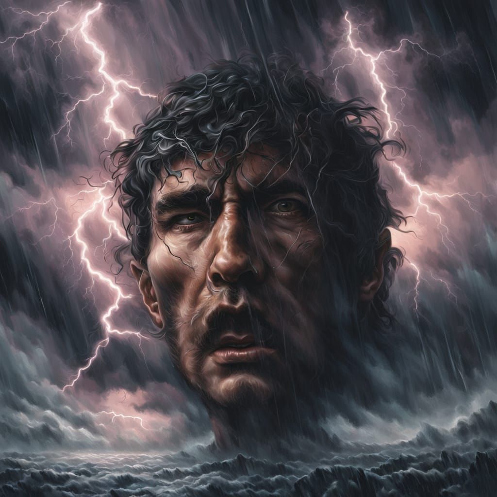 Villain Controls Weather in Surrealist Oil Painting