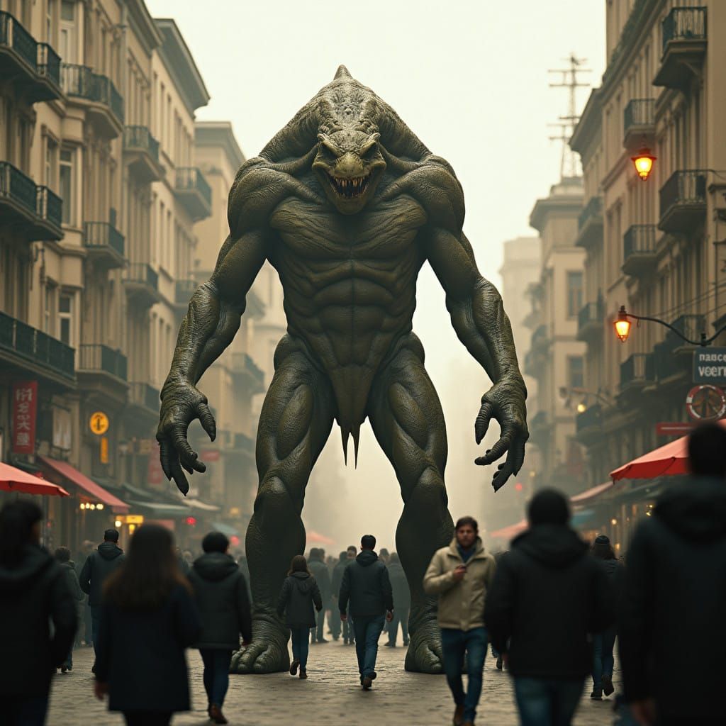 Giant Monster Gluttony Amidst Modern City