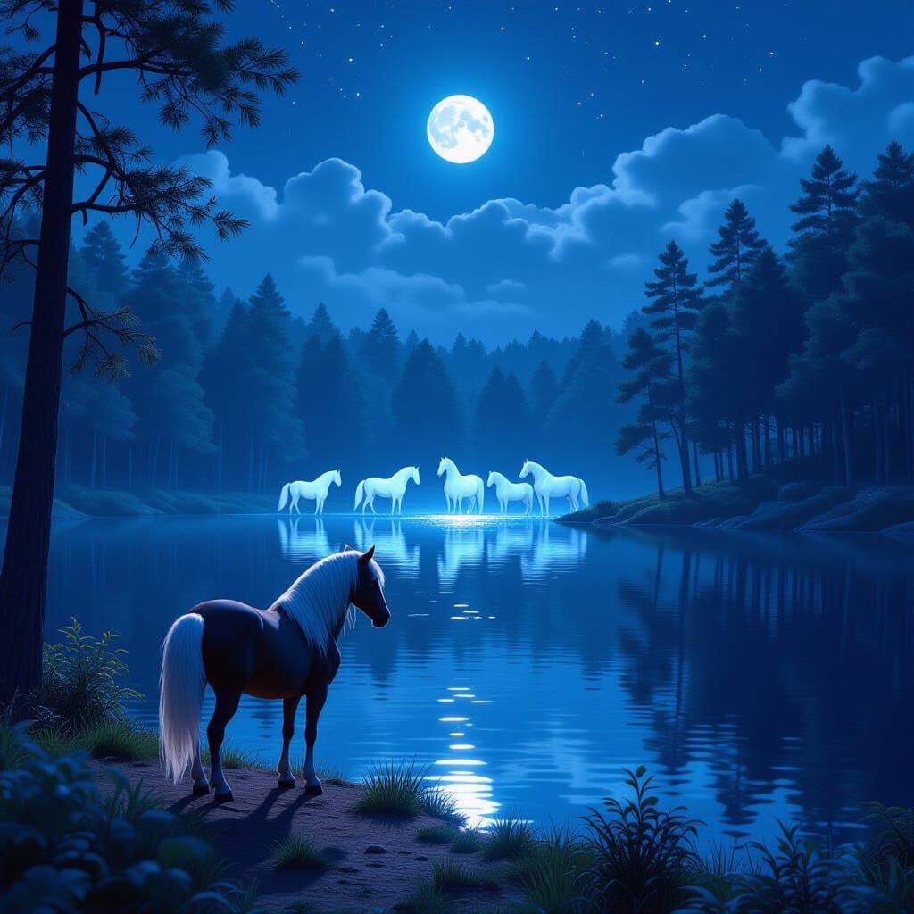 Pony by Moonlit Lake Reflecting Horses: 3D Anime Art