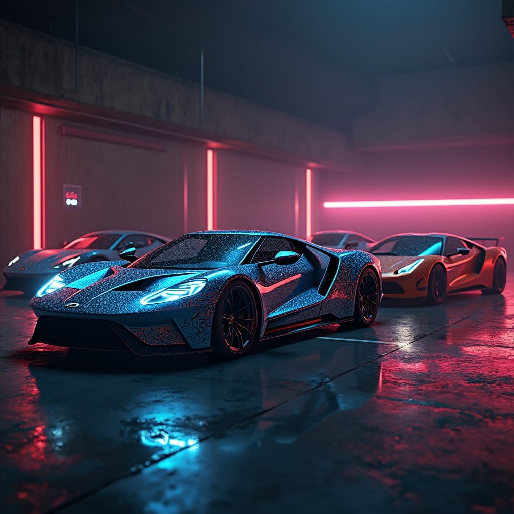Luxury Cars in a Neon-Lit Futuristic Parking Lot
