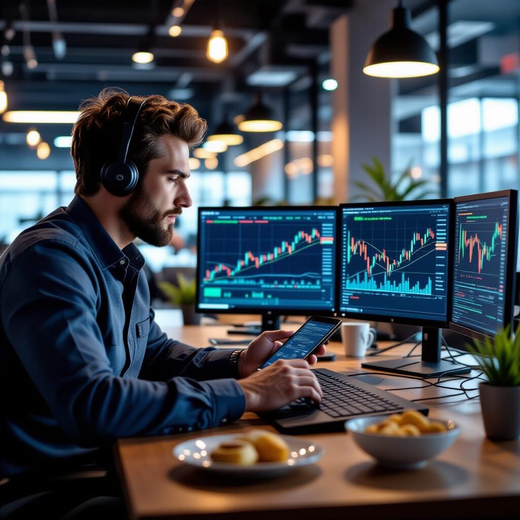 Photorealistic Forex Trader Using Mobile with Laptop and Foo...