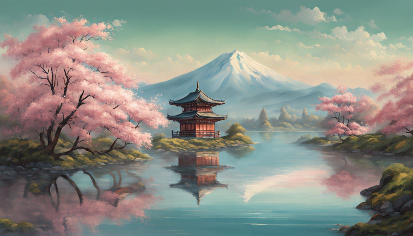 Surreal Sakura Tree Landscape Painting in Traditional Japane...