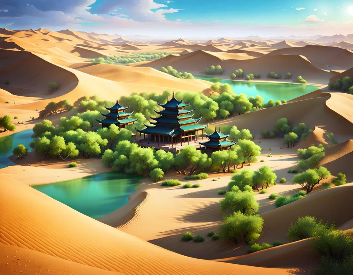 Gobi Desert Oasis: Watercolor Art Masterpiece