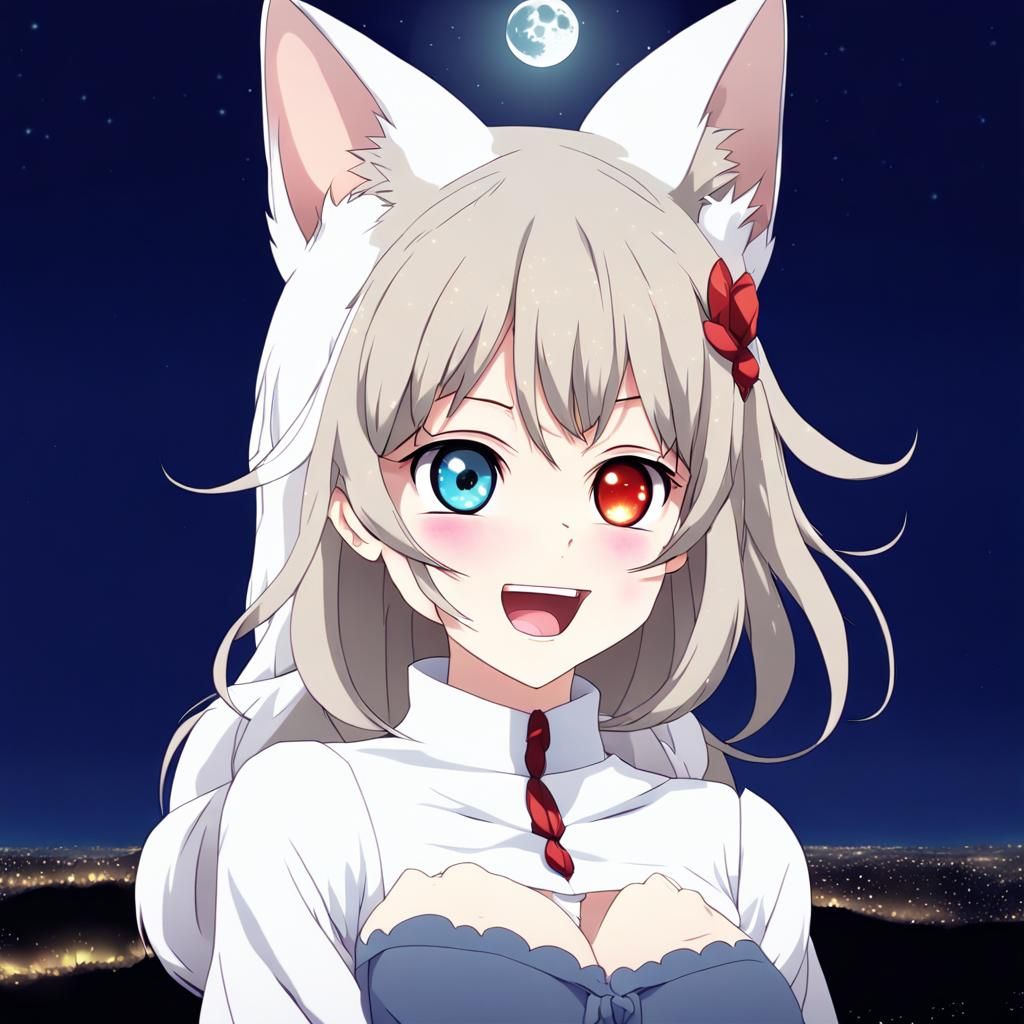 Anime Cat Girl with Heterochromia at Night