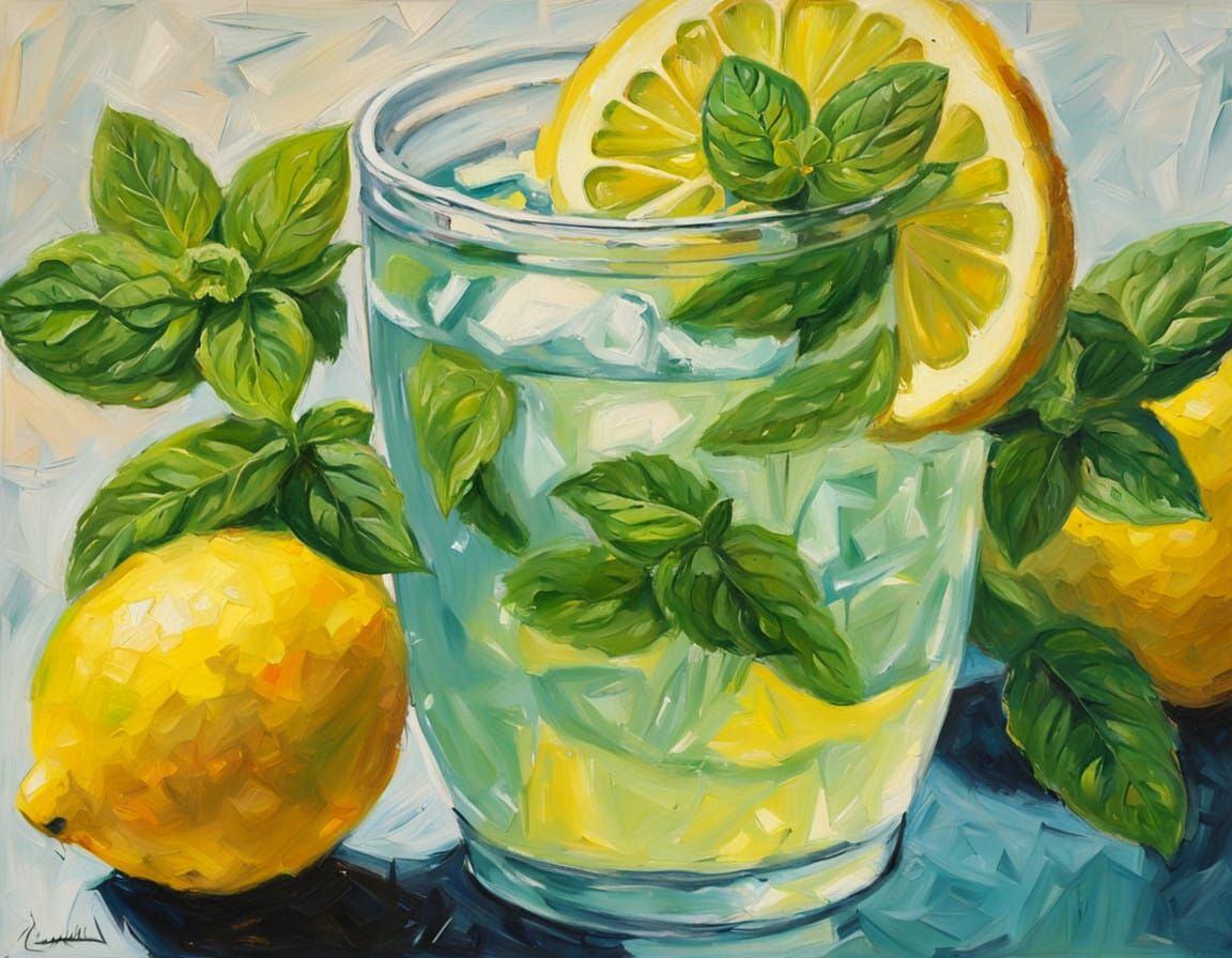 Vibrant Mint Lemonade Still Life in Oil Painting