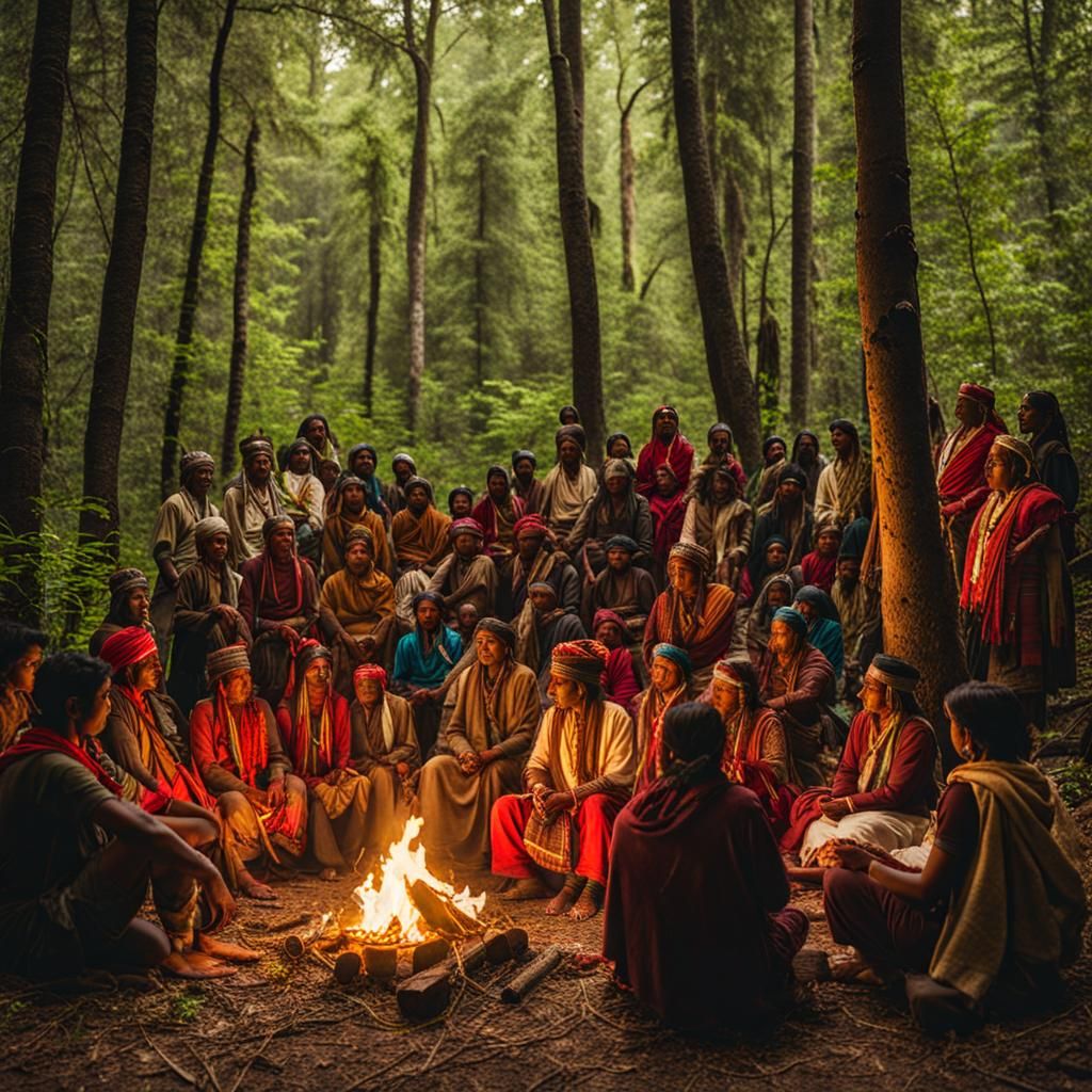 Indigenous Gathering in Lush Forest