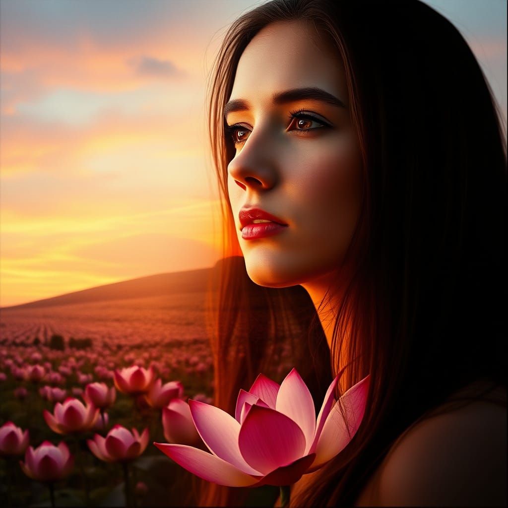 Double Exposure: Woman and Sunset Flower Field