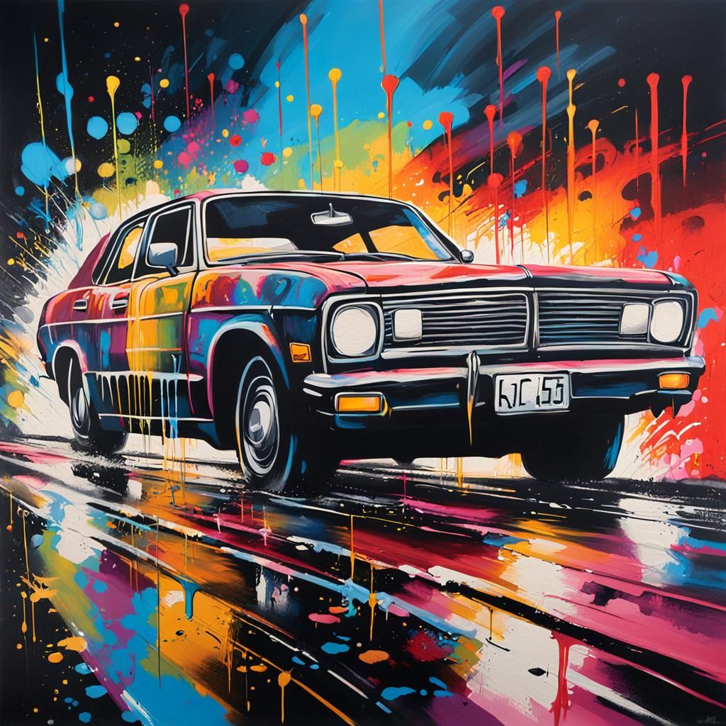 Vibrant Street Art of Cars Speeding at Night