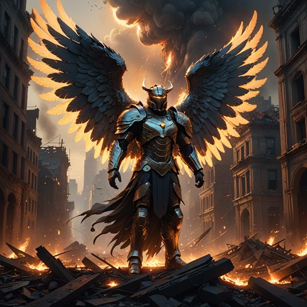 Radiant Angel Over Ruined City in Dramatic Fantasy Art