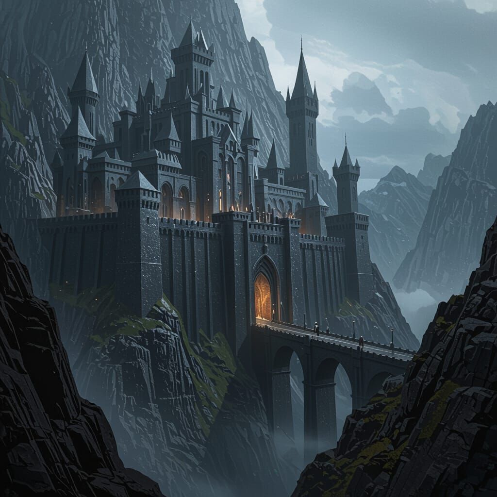 Imposing Wizard's Keep in Mountainside, Dark Fantasy Art